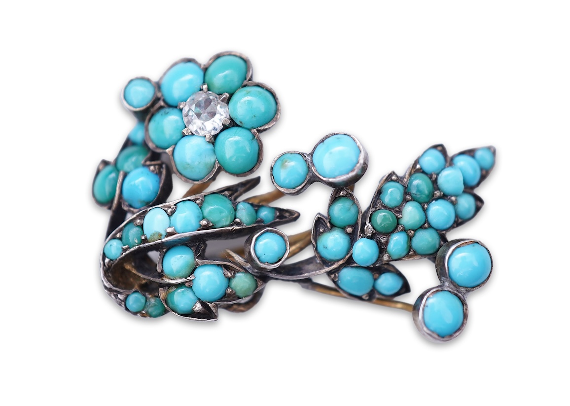 A Victorian turquoise and diamond brooch, mid 19th century